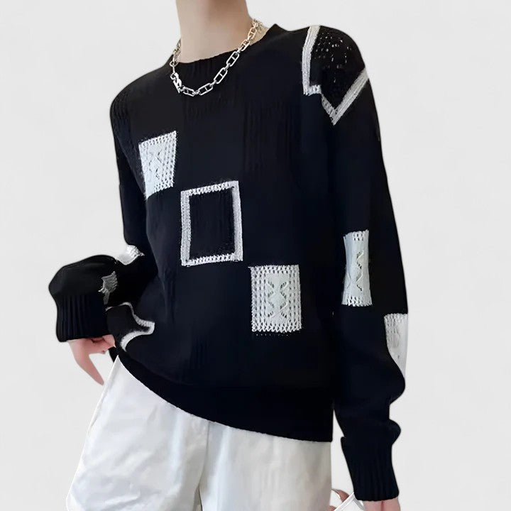 Blessing | Patchwork Openwork Knit Sweater Crew Neck
