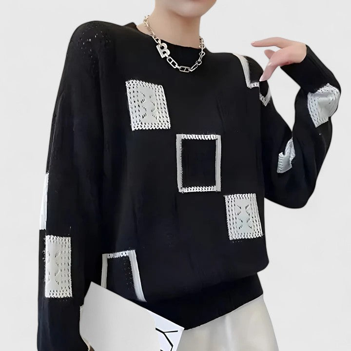 Blessing | Patchwork Openwork Knit Sweater Crew Neck