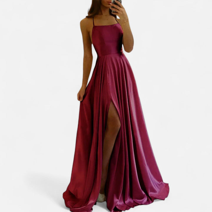 Elida | Satin Slit Maxi Dress with Spaghetti Straps