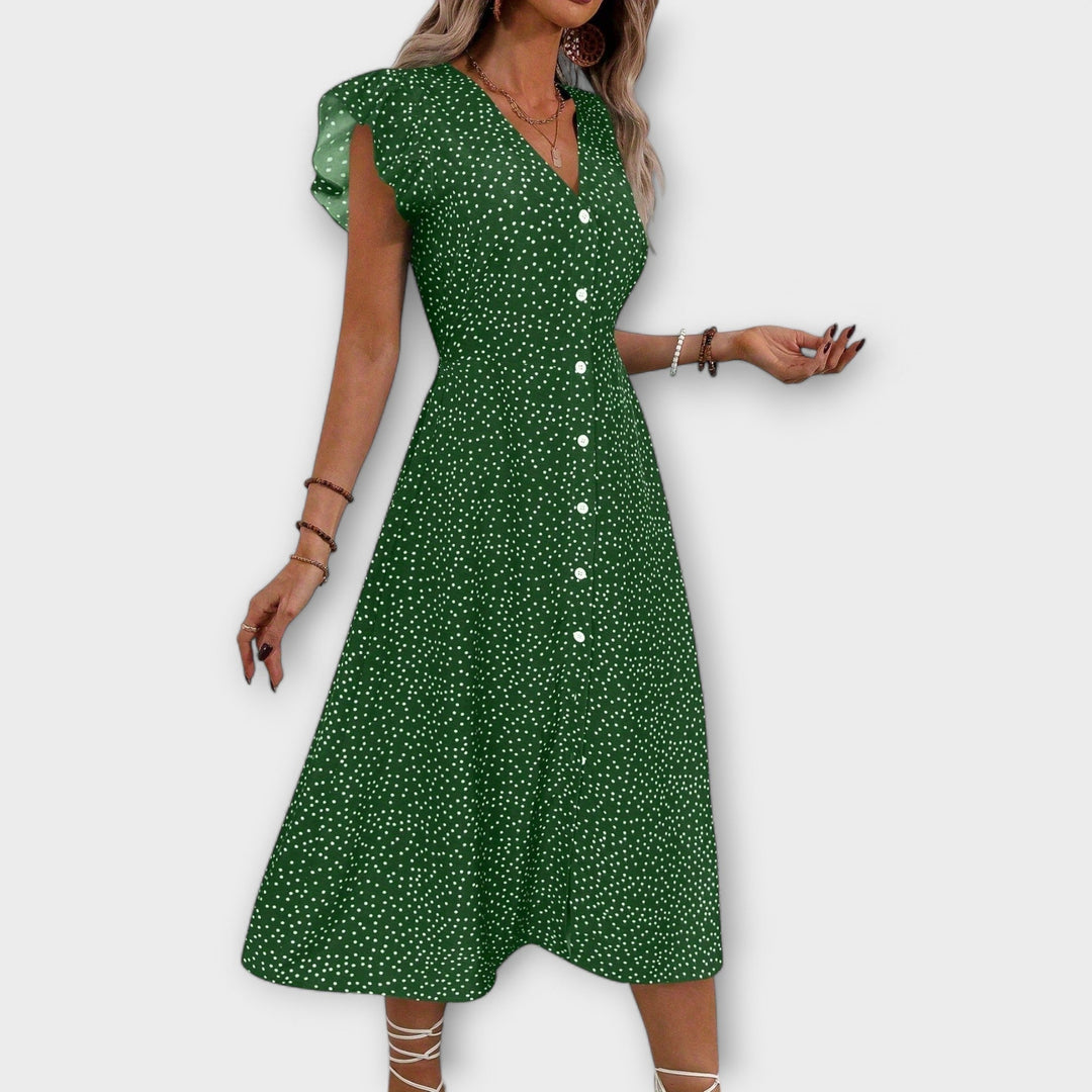 Mira | Polka Dot Midi Dress with Ruffle Sleeves