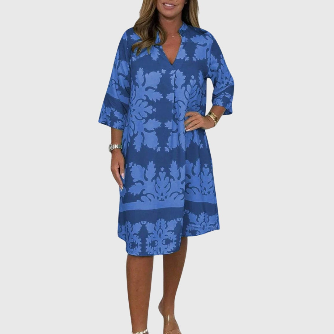 Calantha | Damask Print V-Neck Shift Dress