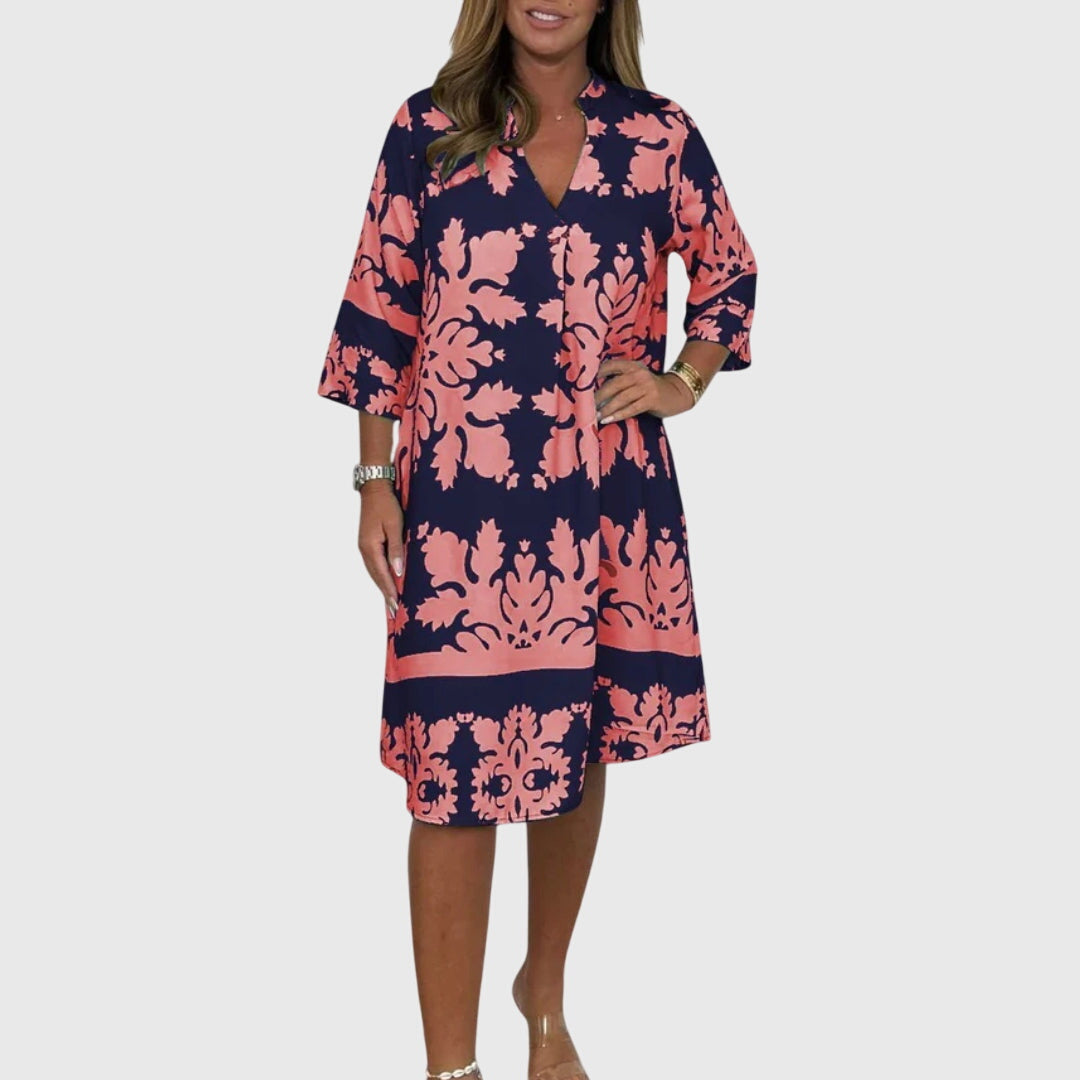 Calantha | Damask Print V-Neck Shift Dress