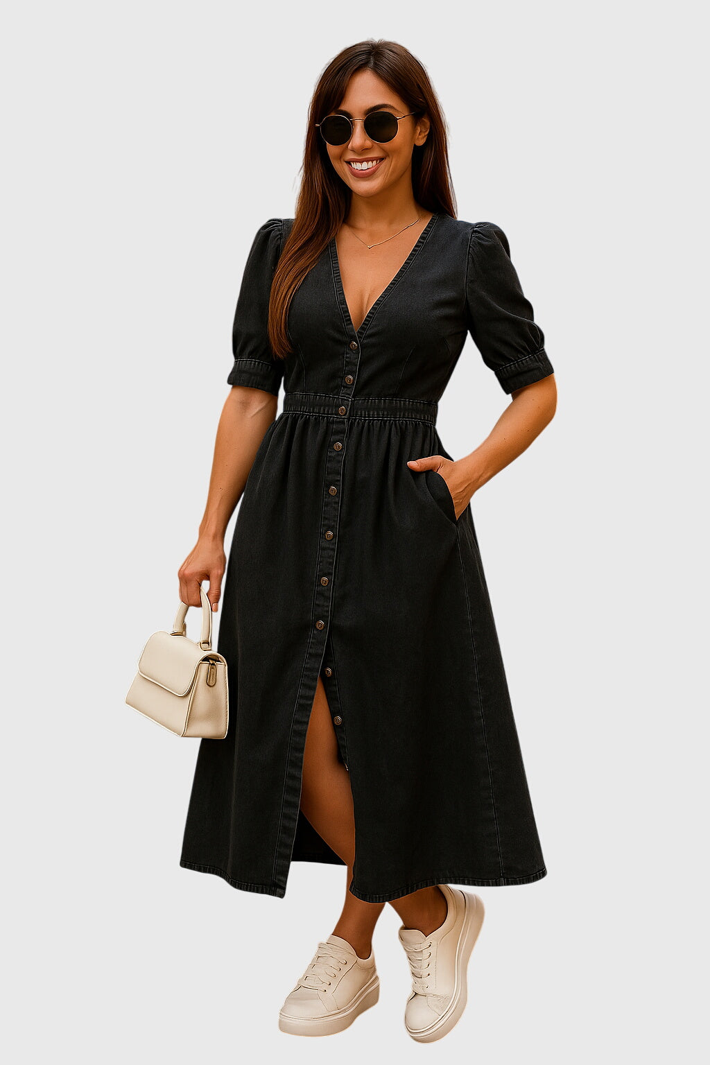 Elodia | Button-Front Denim Midi Dress with V-Neck
