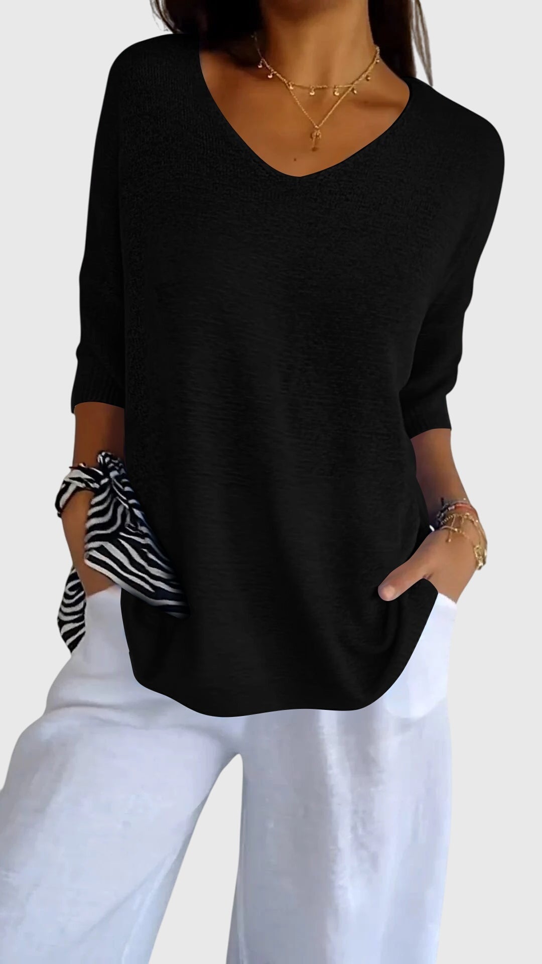 Gardenia | V-Neck Knit Tunic Top with 3/4 Sleeves