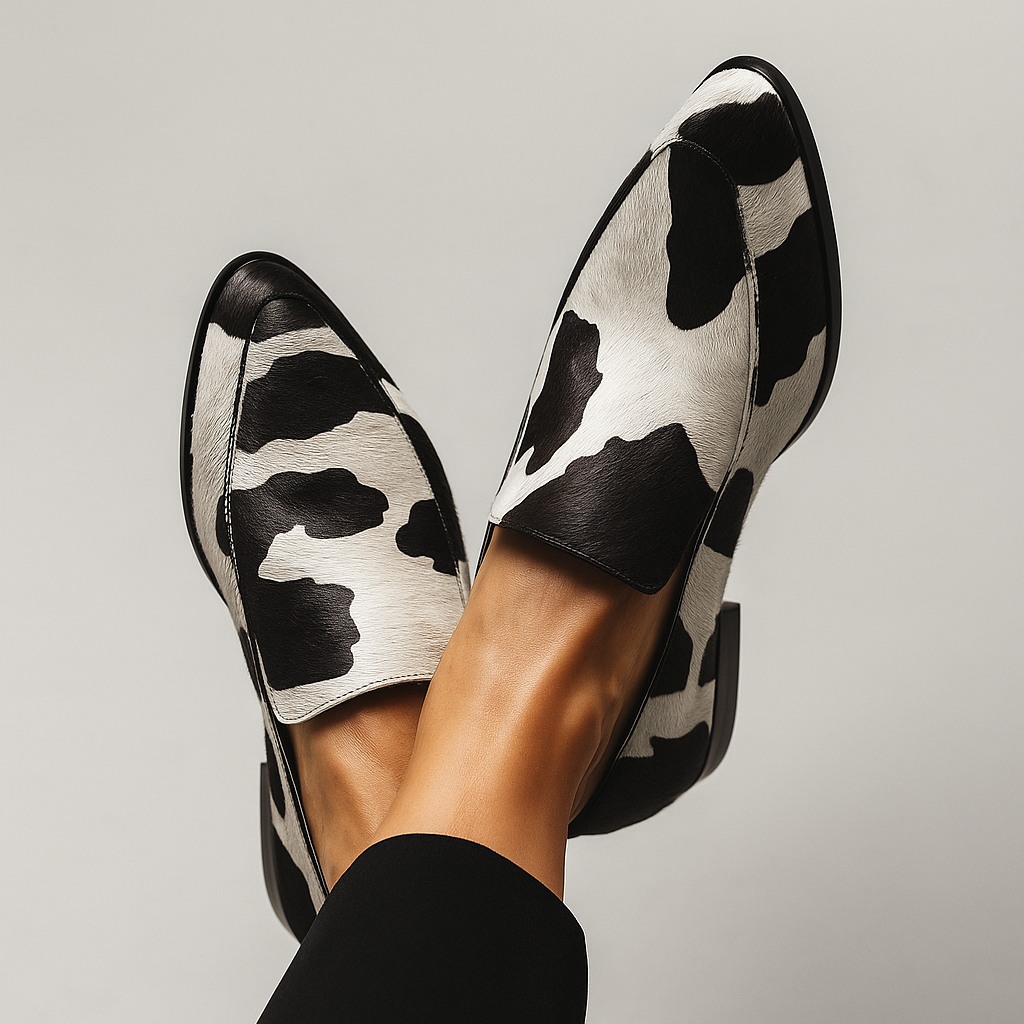 Zenobia | Black White Cow Print Loafers for Women