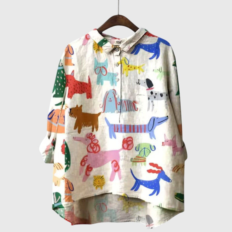 Ailsa | Dog Print Button-Up Blouse with Chest Pocket