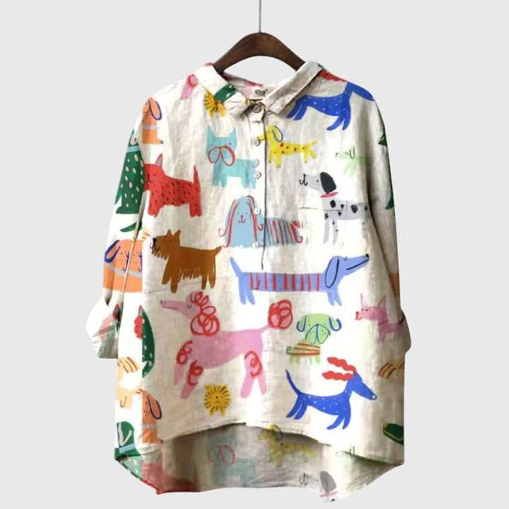 Ailsa | Dog Print Button-Up Blouse with Chest Pocket