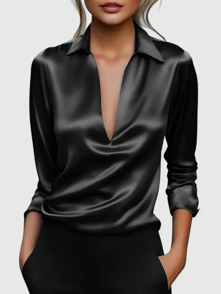 Dominique | V-Neck Collared Blouse with Long Sleeves