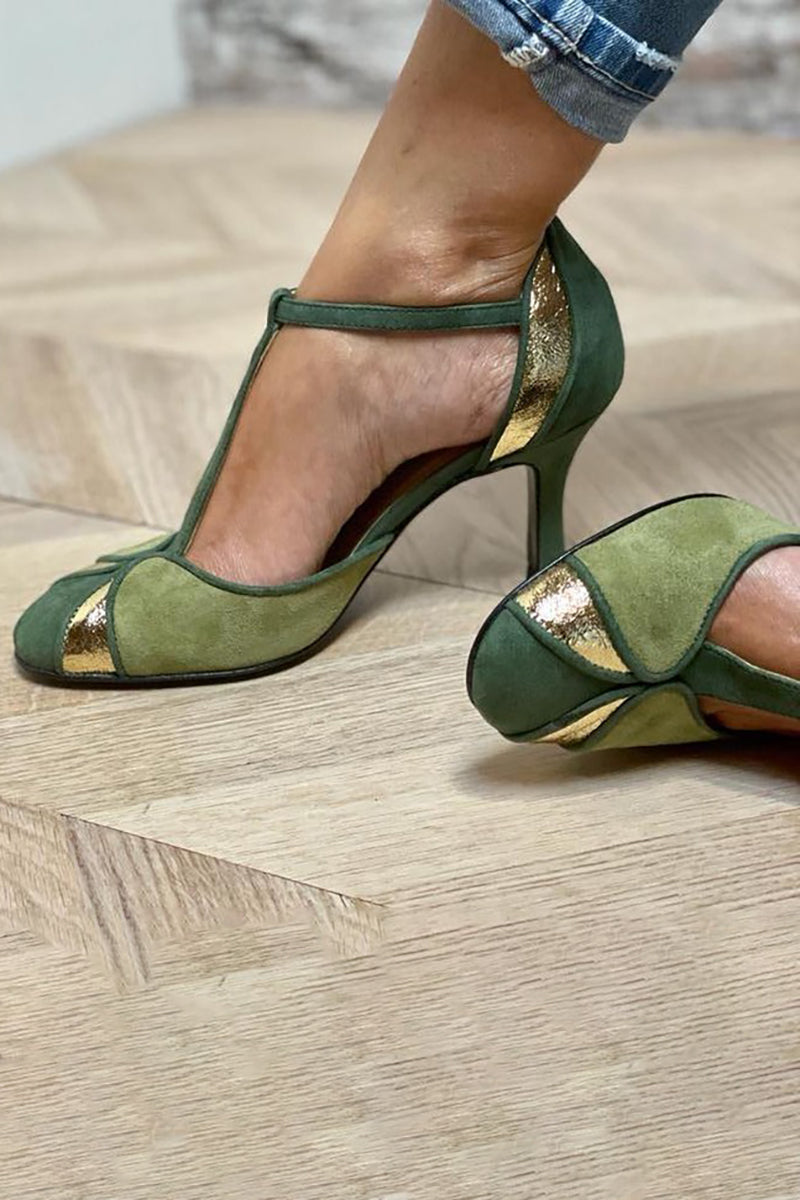 Lillian | Green Gold T-Strap Mary Jane Heels