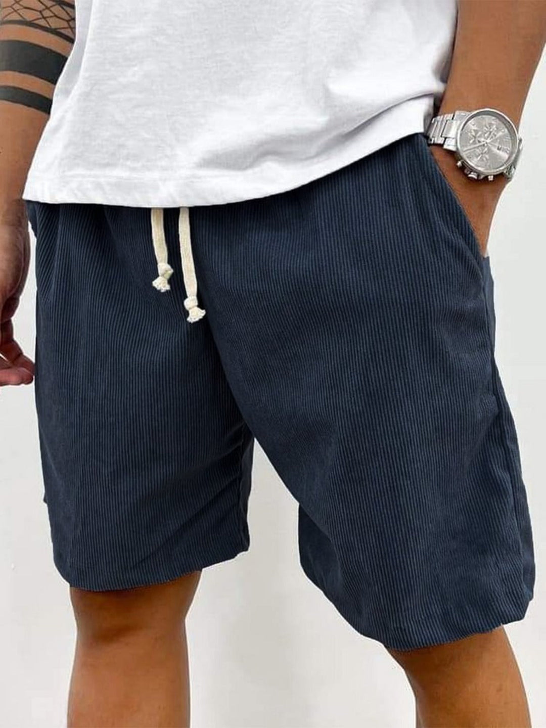 Brady | Striped Drawstring Knee Shorts