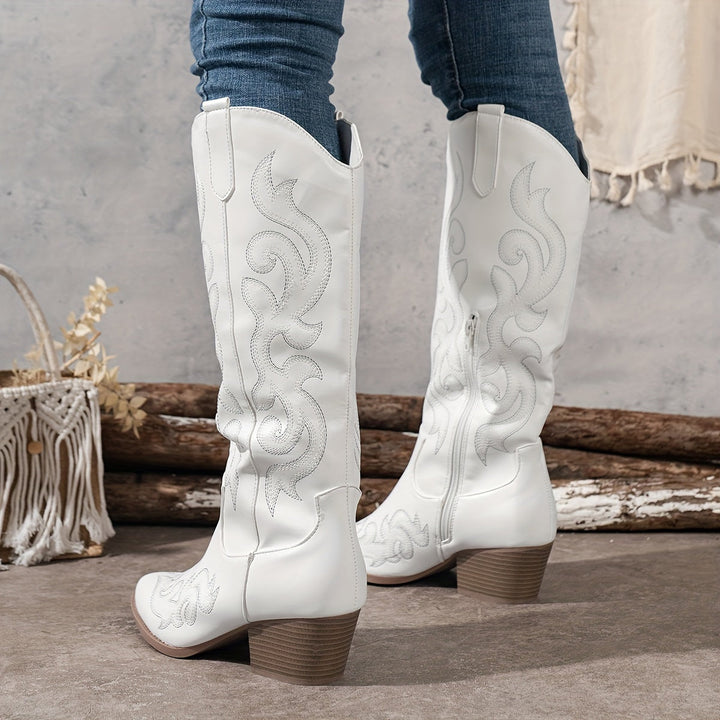 Drew | Embroidered Knee-High Cowboy Boots with Block Heel