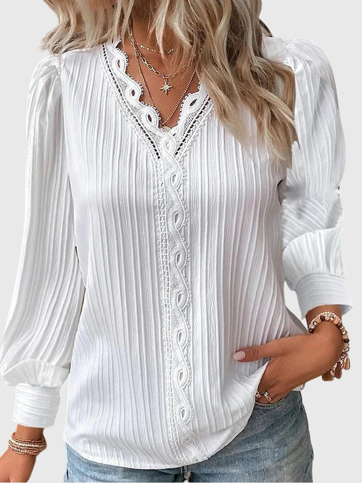 Vanya | Lace Trim V-Neck Blouse with Long Sleeves