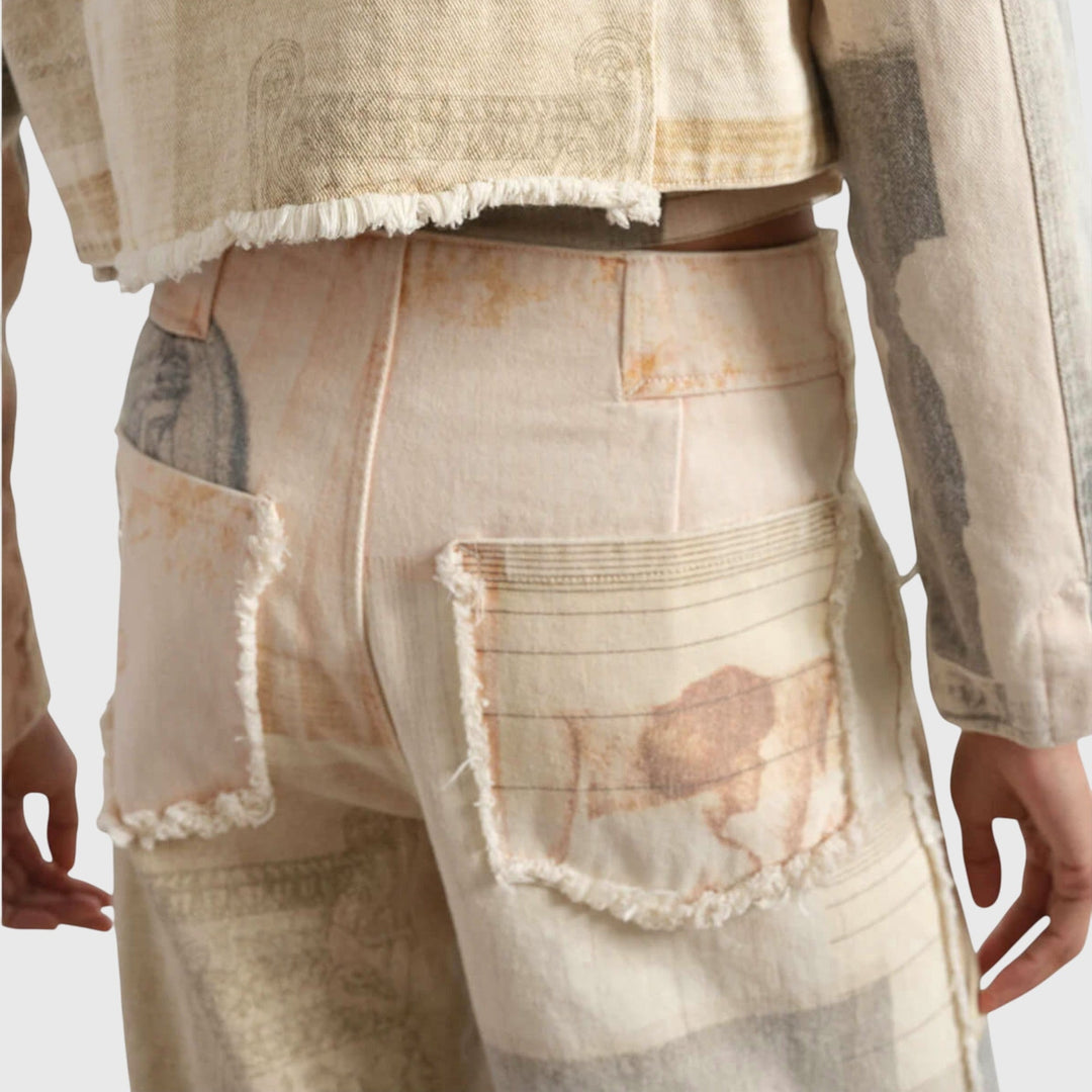 Dusty | Beige Statue Print Wide Leg Jeans