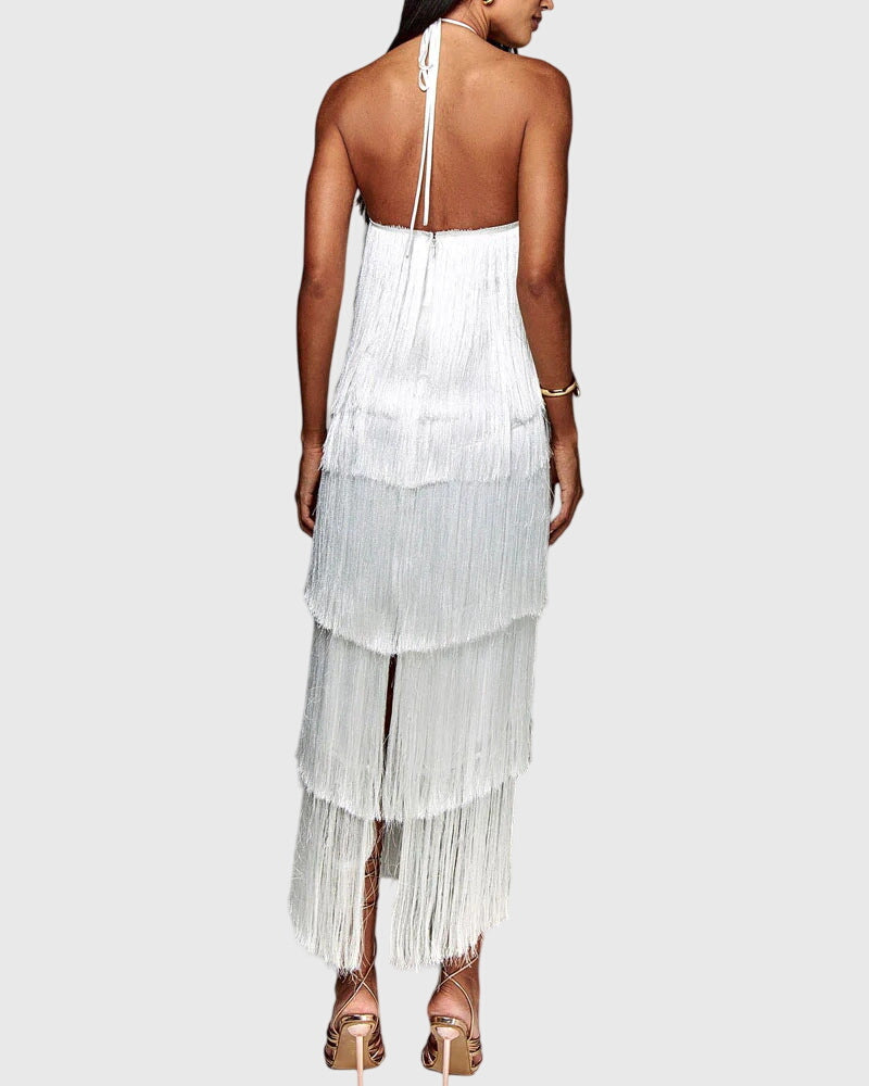 Cleantha | Halter Fringe Dress with Tiered Tassels