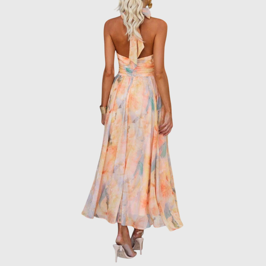 Bellisande | Peach Floral Halter Neck Maxi Dress
