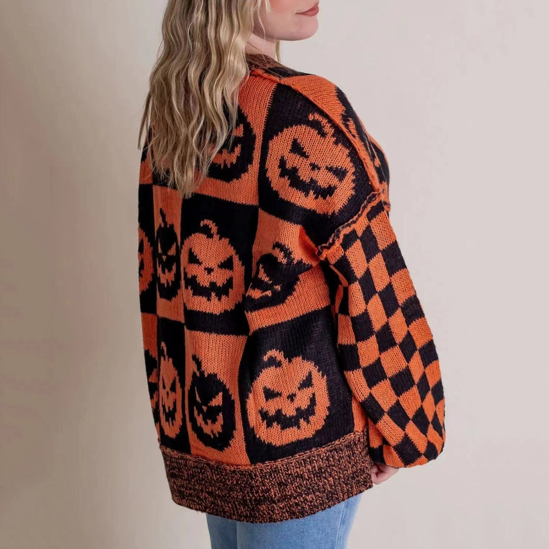 Catherine | Pumpkin Print Halloween Sweater with Checkered Sleeves