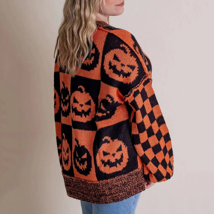 Catherine | Pumpkin Print Halloween Sweater with Checkered Sleeves