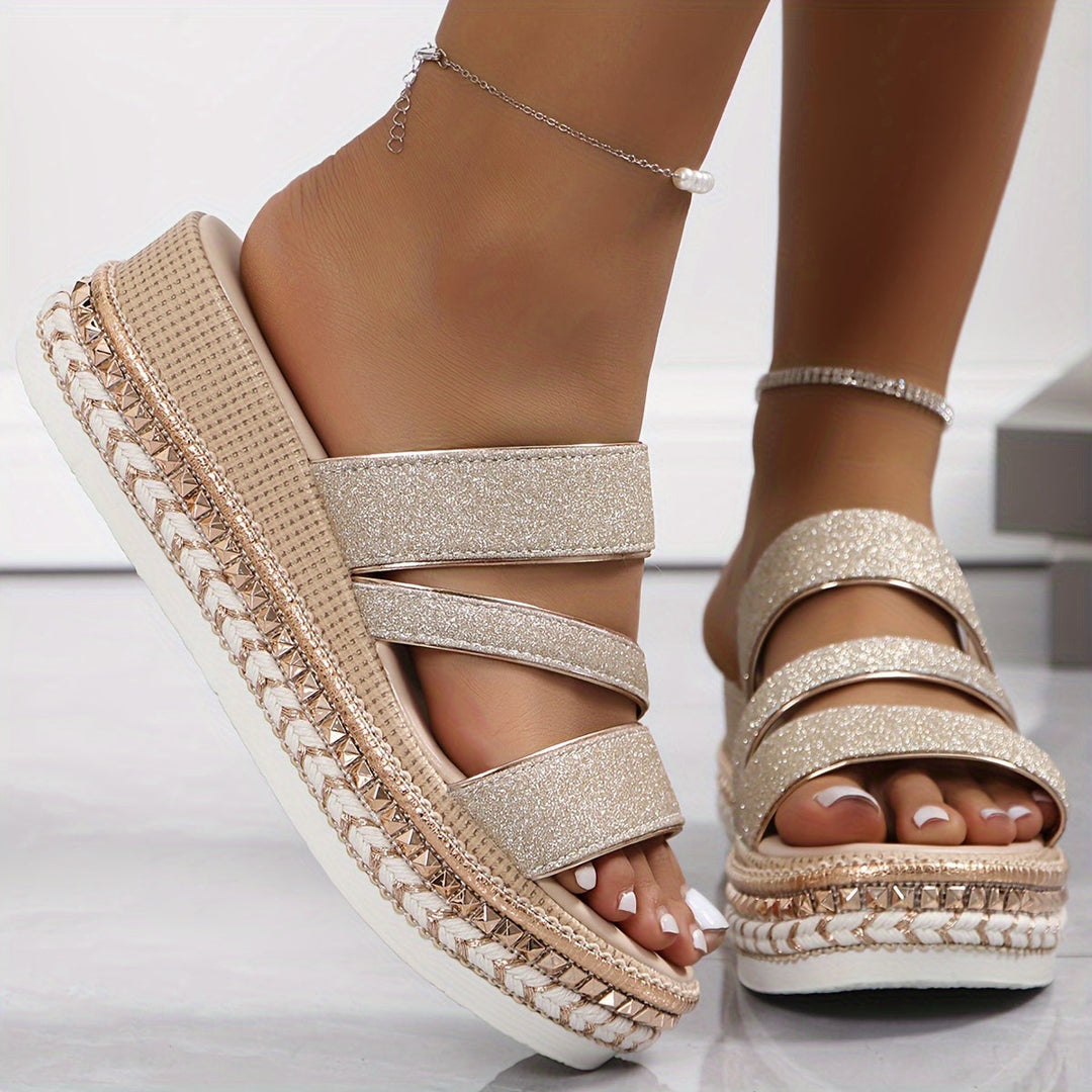 Cyra | Gold Glitter Platform Sandals with Straps