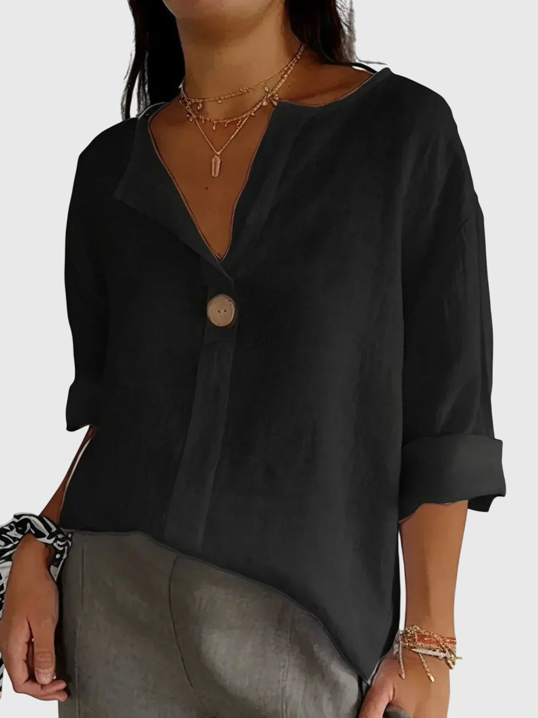 Olga | V-Neck Linen Blouse with Button Detail 3/4 Sleeves