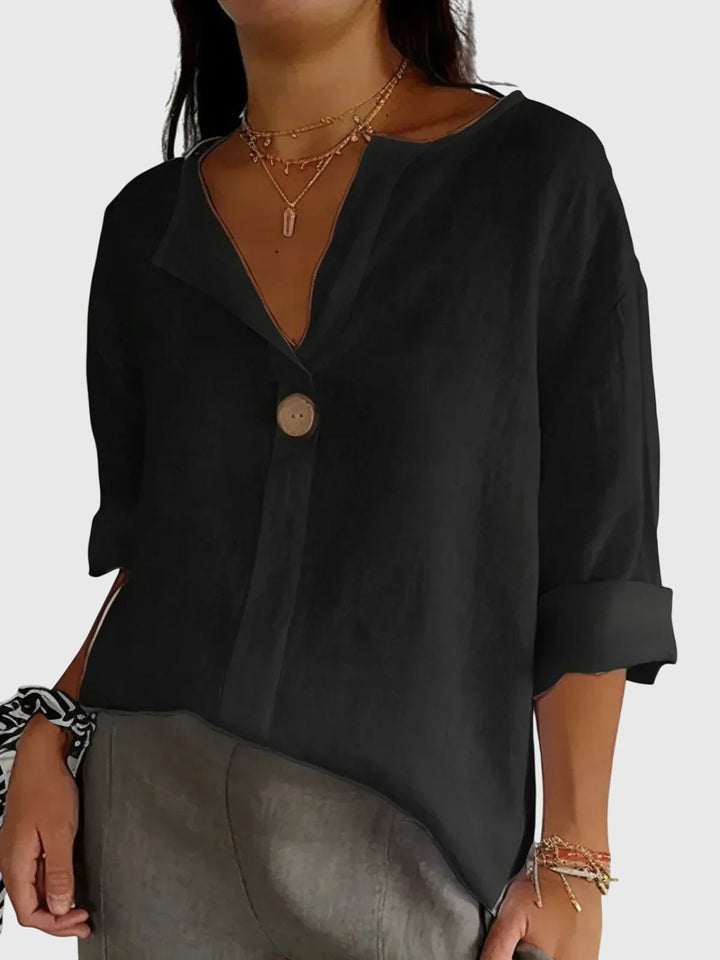 Olga | V-Neck Linen Blouse with Button Detail 3/4 Sleeves