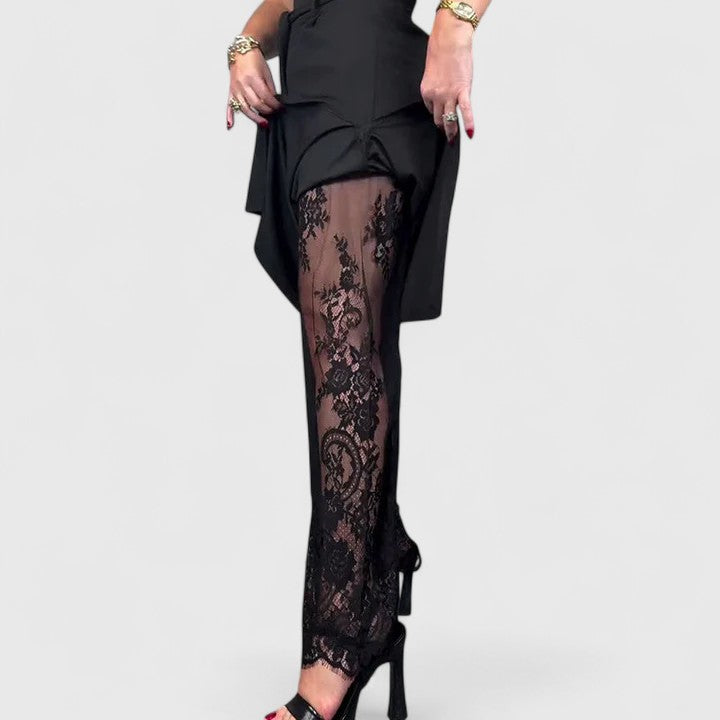 Shanti | Black Wide Leg Pants with Lace Hem