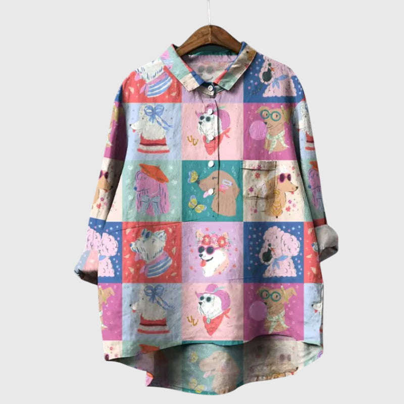 Ailsa | Dog Print Button-Up Blouse with Chest Pocket