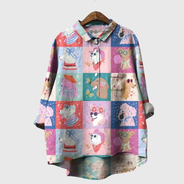 Ailsa | Dog Print Button-Up Blouse with Chest Pocket