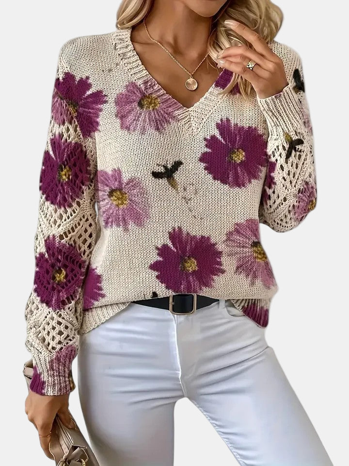 Latifa | Casual Floral V-Neck Crochet Sleeve Sweater