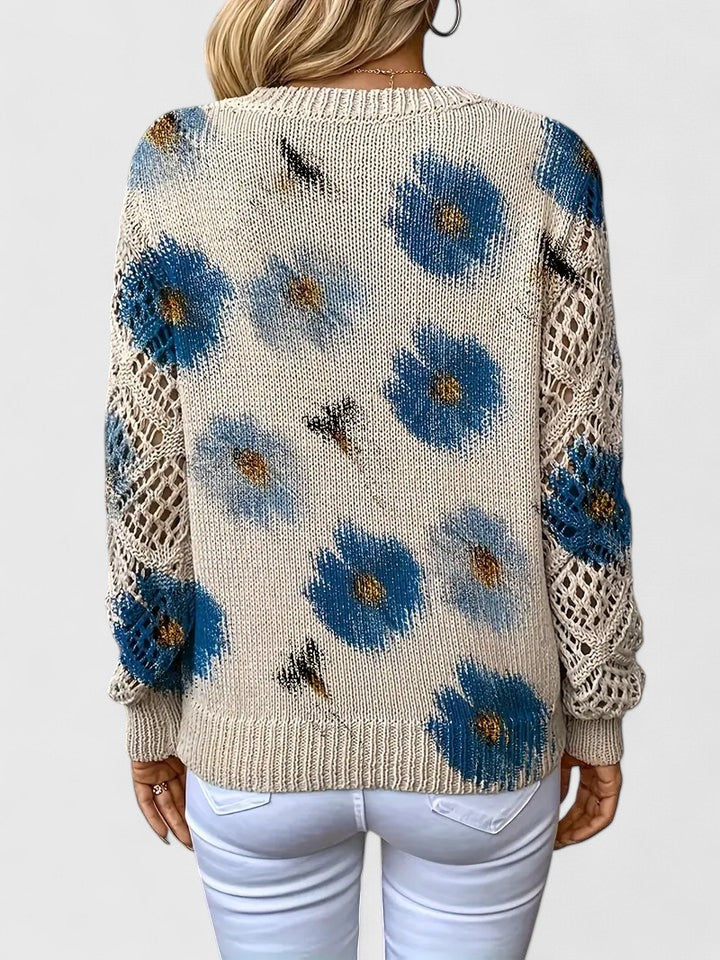 Maren | Floral V-Neck Sweater with Crochet Sleeves