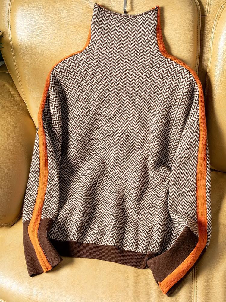 Solange | Herringbone Turtleneck Sweater with Side Stripe