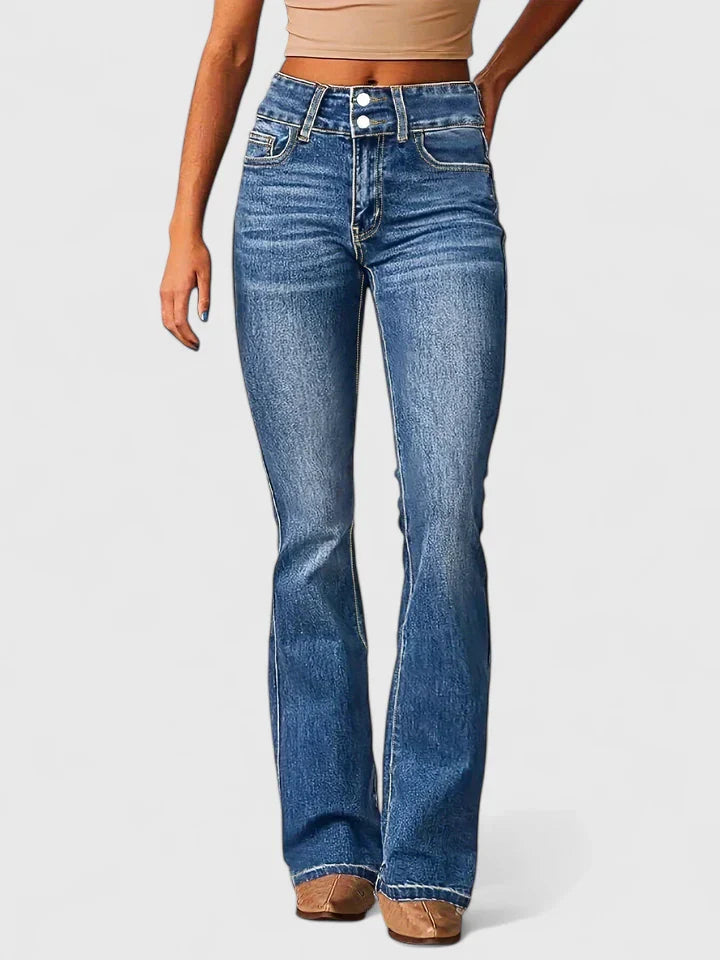 Edith | High Rise Flare Jeans with Button Detail