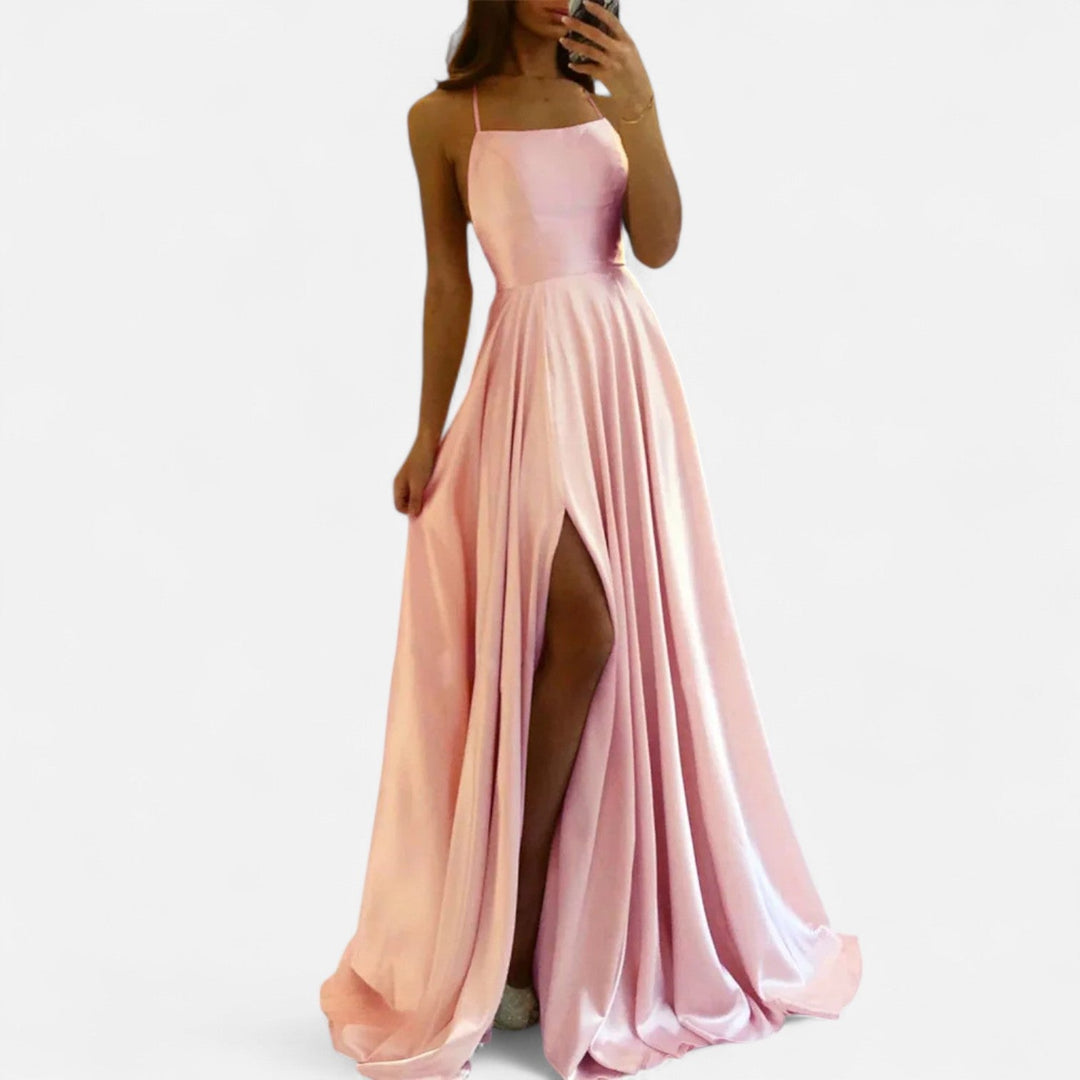 Elida | Satin Slit Maxi Dress with Spaghetti Straps