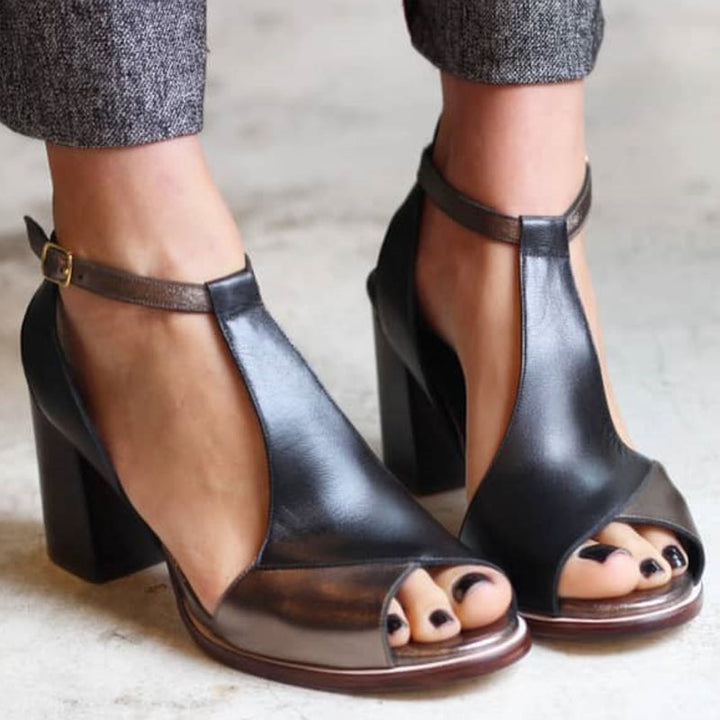 Reba | Black Block Heel Ankle Strap Sandals