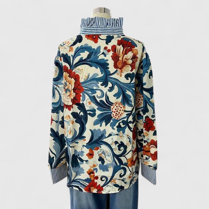 Rona | Blue Floral Print Blouse with Striped Collar
