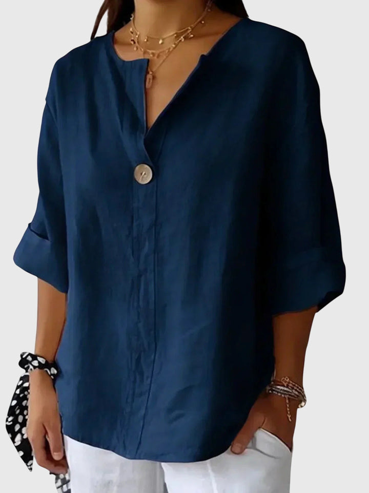 Olga | V-Neck Linen Blouse with Button Detail 3/4 Sleeves