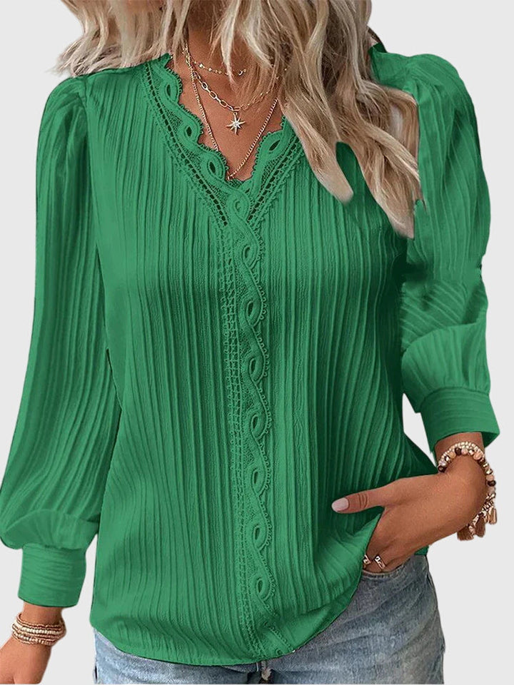 Vanya | Lace Trim V-Neck Blouse with Long Sleeves