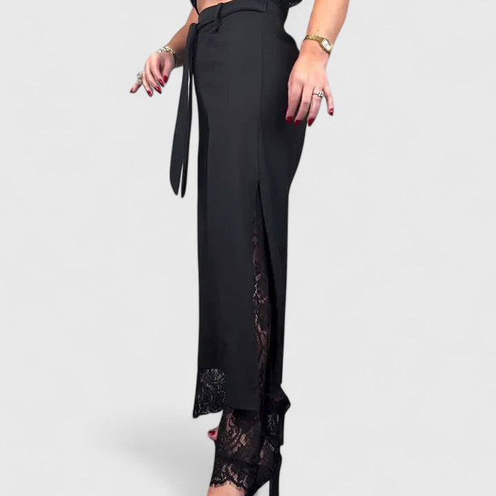 Shanti | Black Wide Leg Pants with Lace Hem