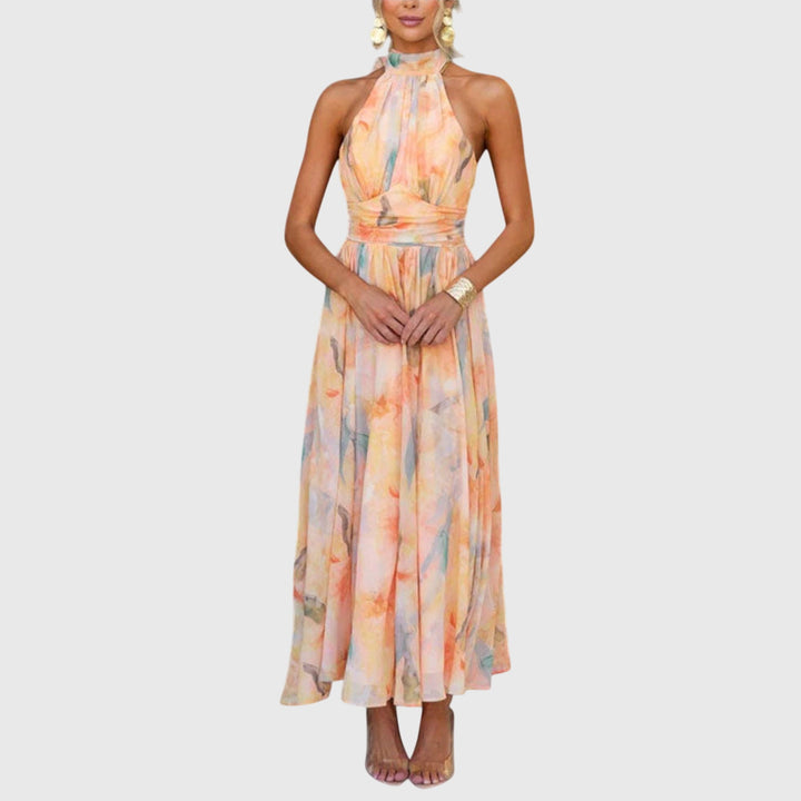 Bellisande | Peach Floral Halter Neck Maxi Dress