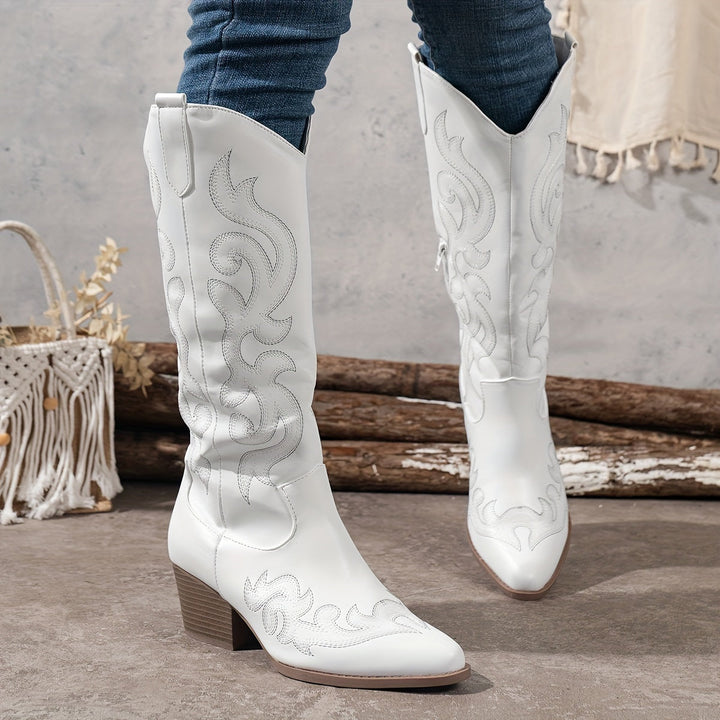 Drew | Embroidered Knee-High Cowboy Boots with Block Heel