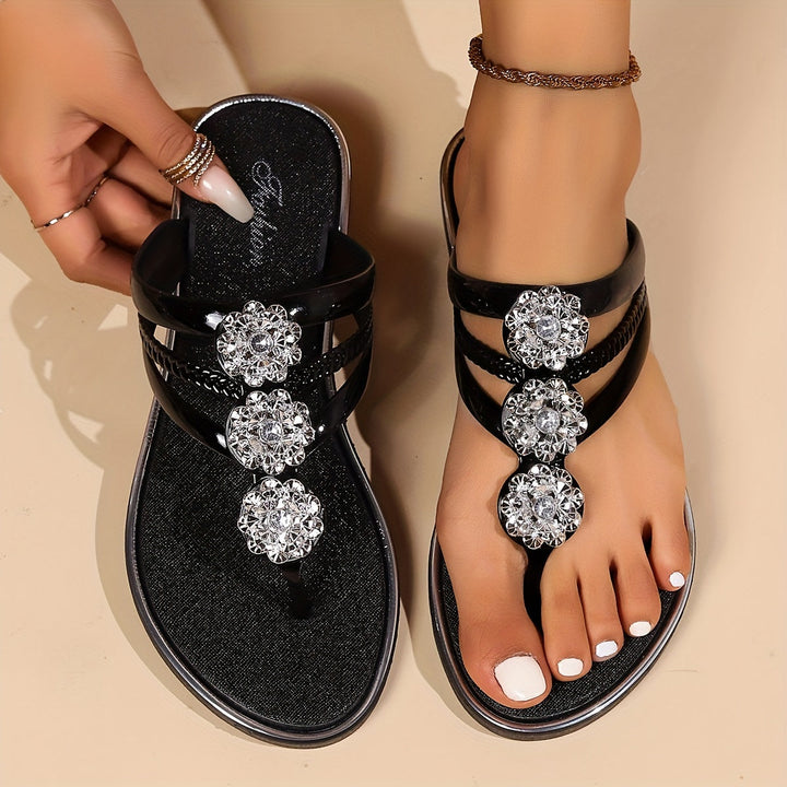 Raina | Rhinestone T-Strap Flat Sandals