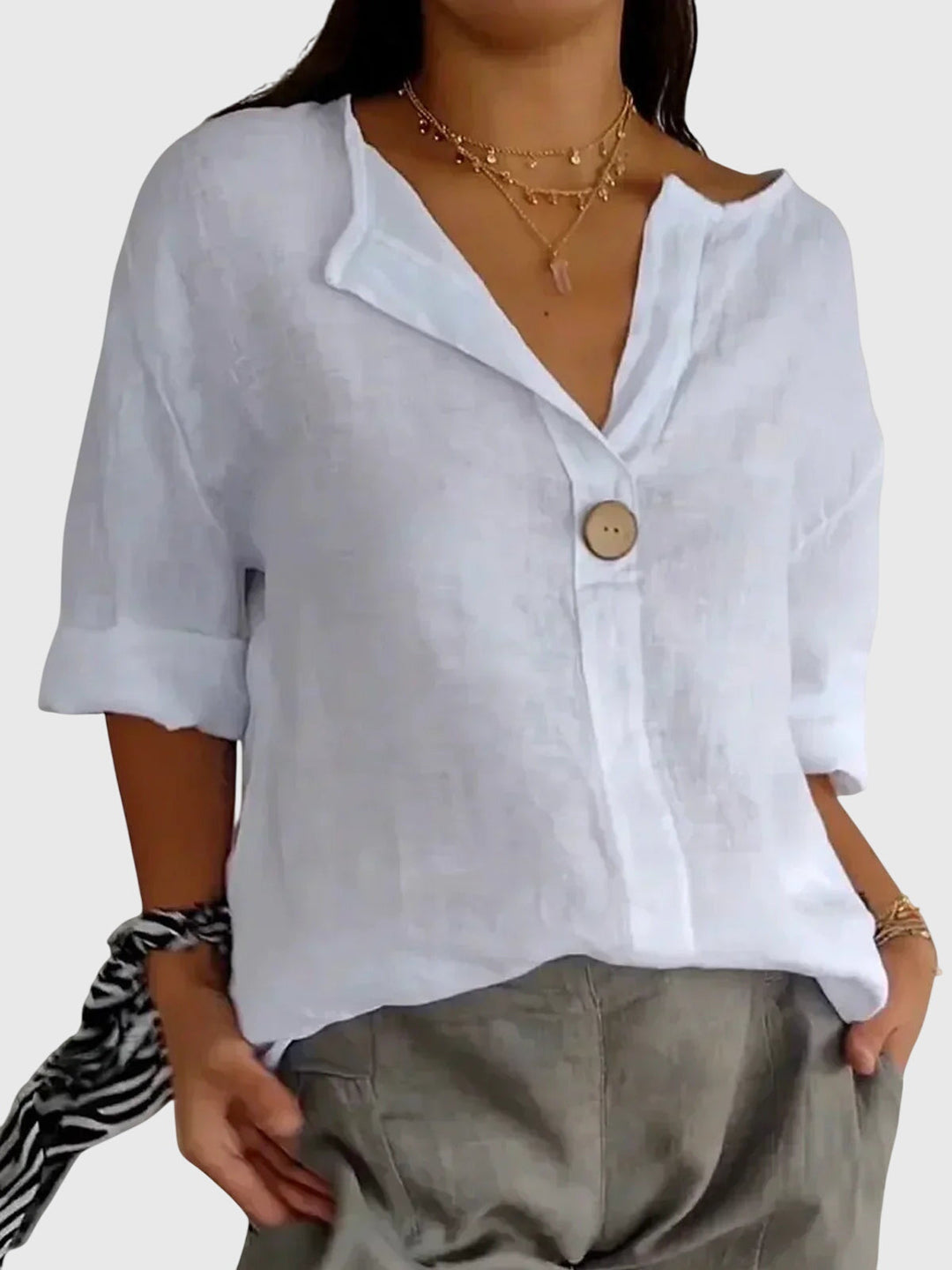 Olga | V-Neck Linen Blouse with Button Detail 3/4 Sleeves