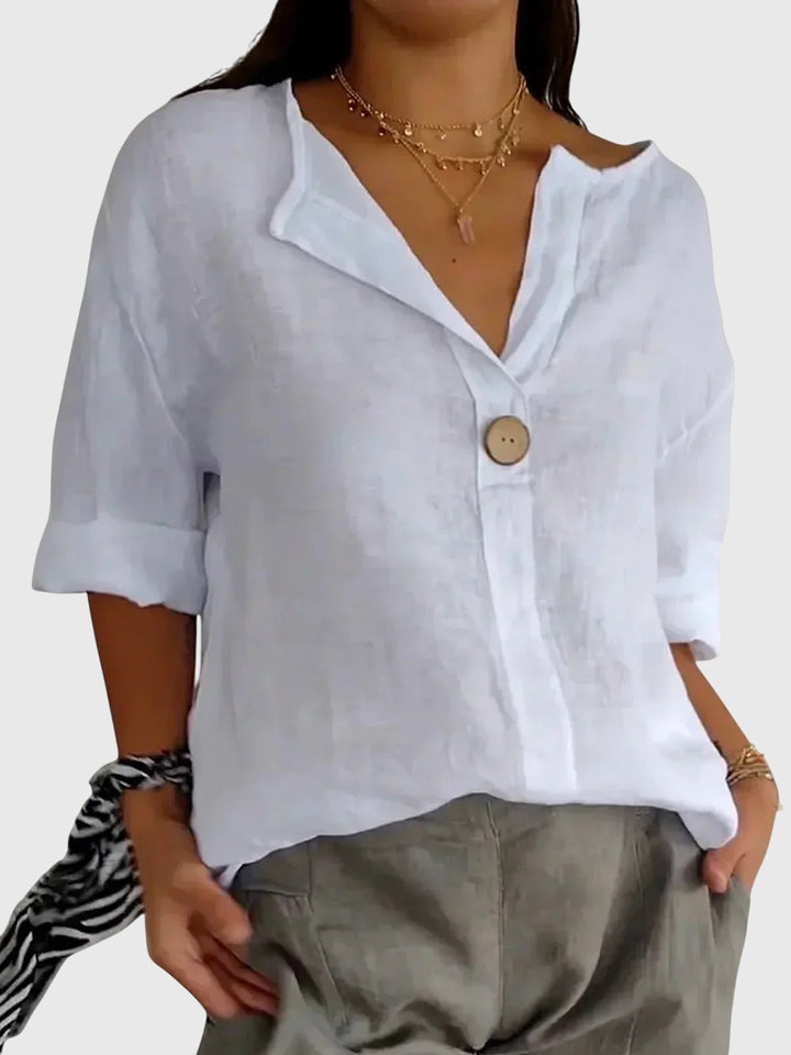 Olga | V-Neck Linen Blouse with Button Detail 3/4 Sleeves