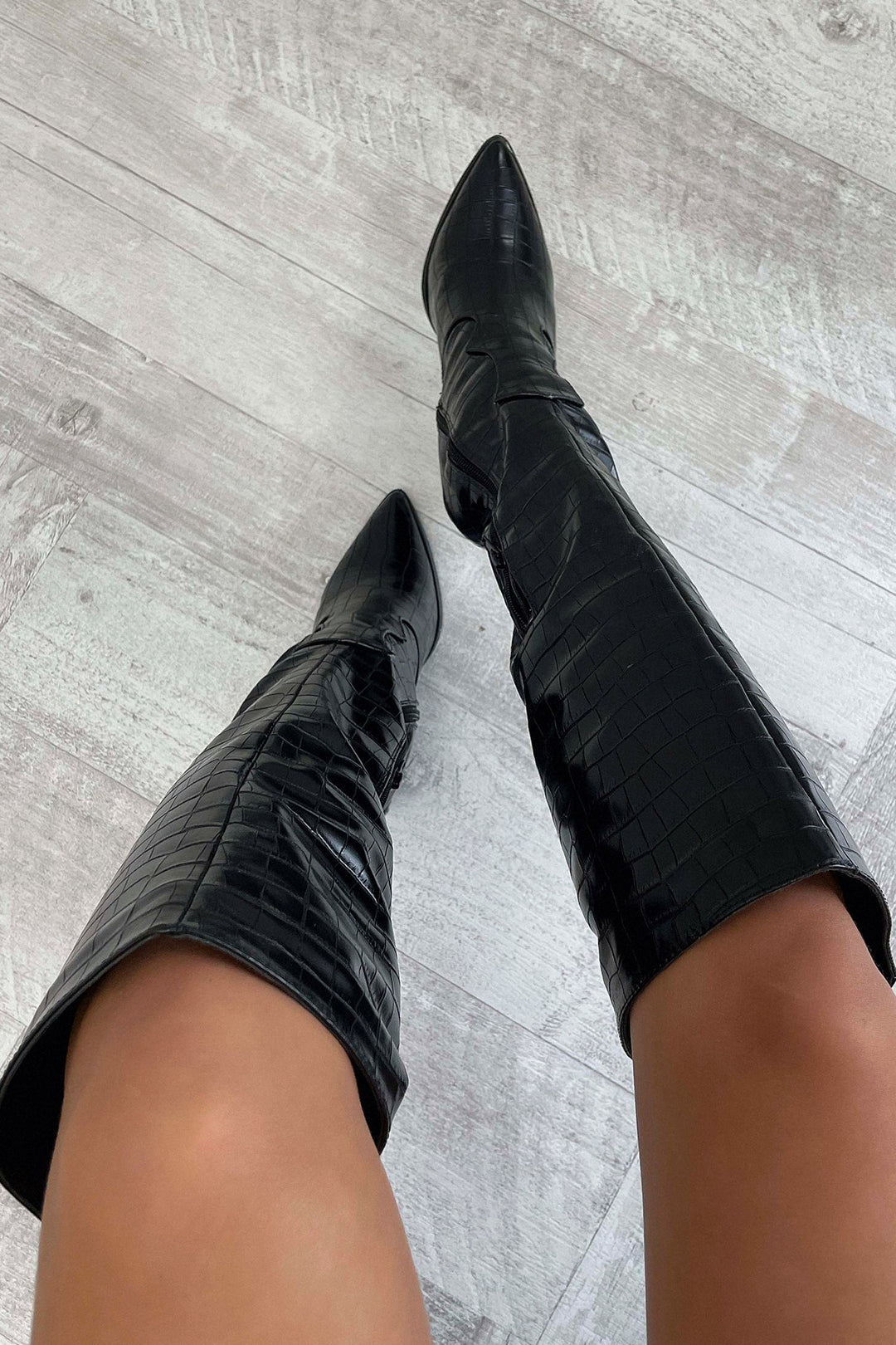 Rosalinda | Black Croc Knee High Boots with Heel