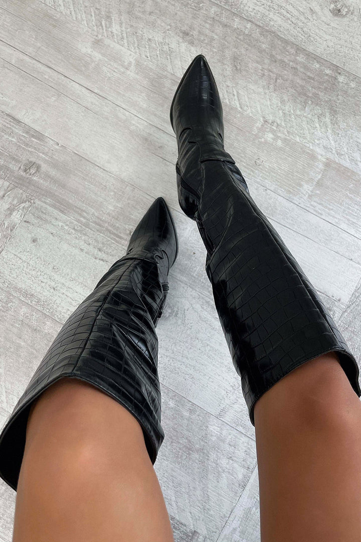Rosalinda | Black Croc Knee High Boots with Heel