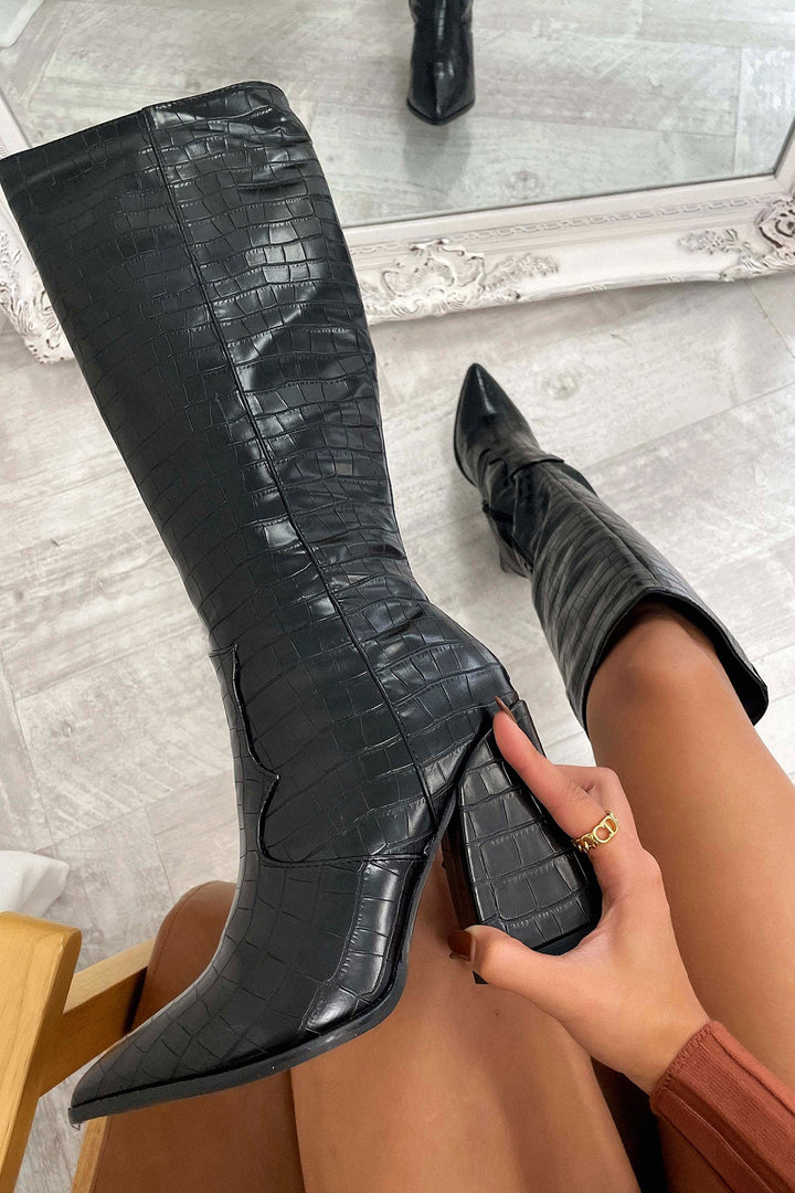 Rosalinda | Black Croc Knee High Boots with Heel