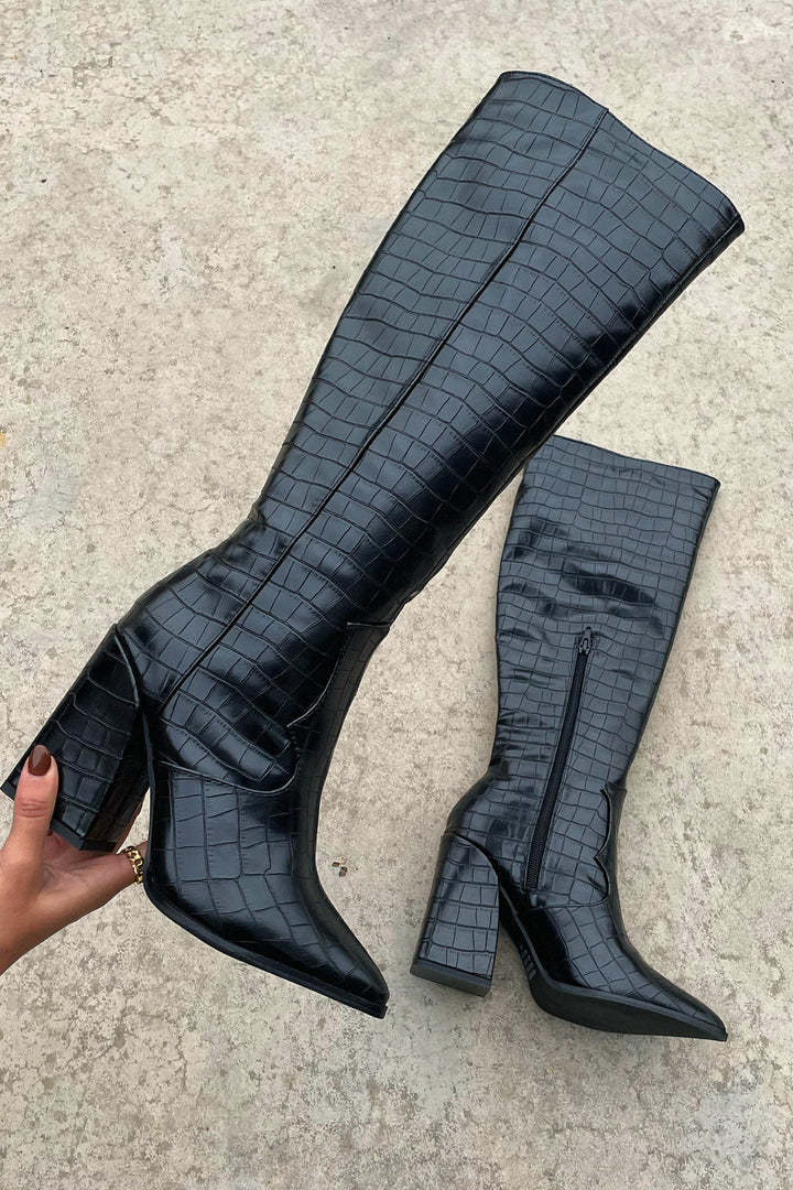 Rosalinda | Black Croc Knee High Boots with Heel