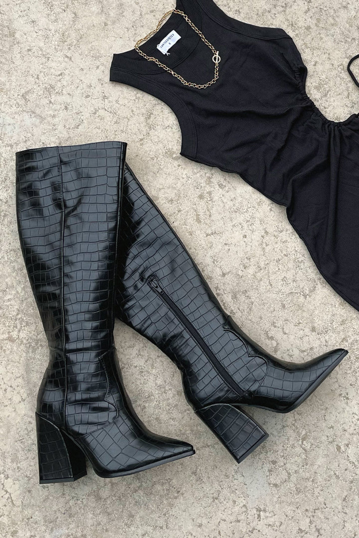 Rosalinda | Black Croc Knee High Boots with Heel