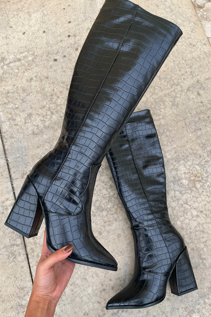 Rosalinda | Black Croc Knee High Boots with Heel