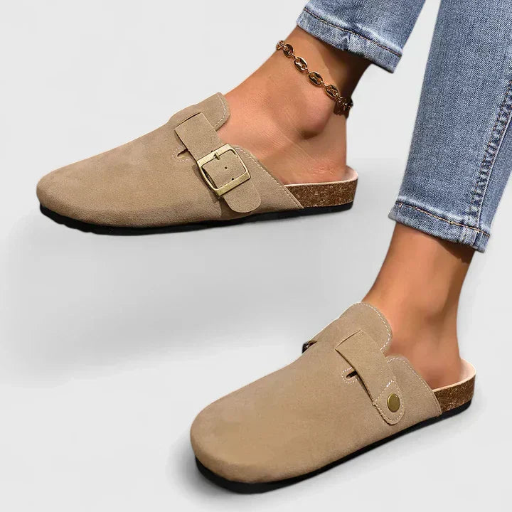Jacquetta | Beige Suede Mules with Buckle Strap