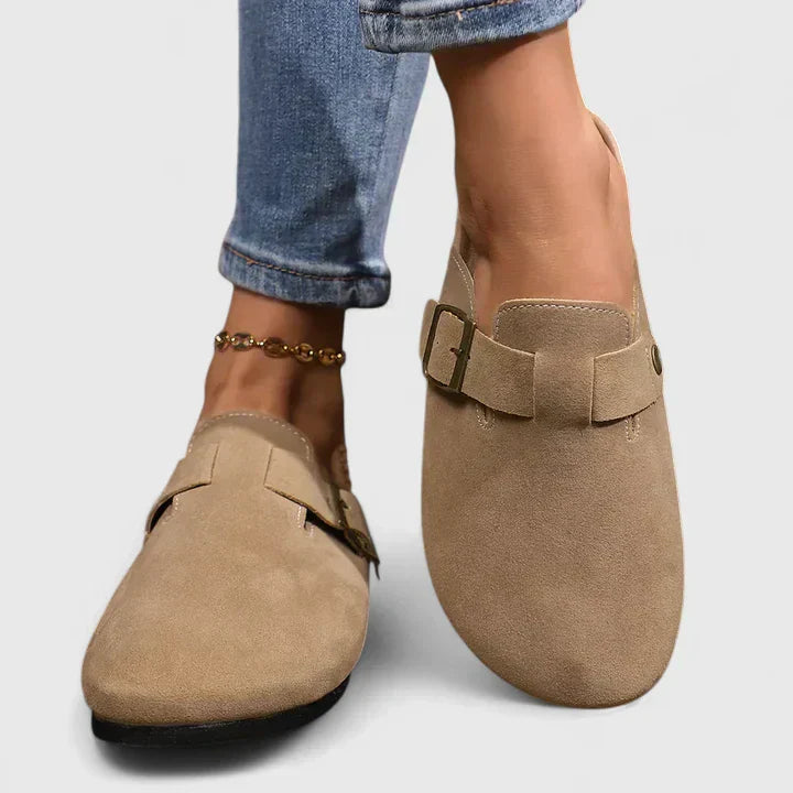Jacquetta | Beige Suede Mules with Buckle Strap